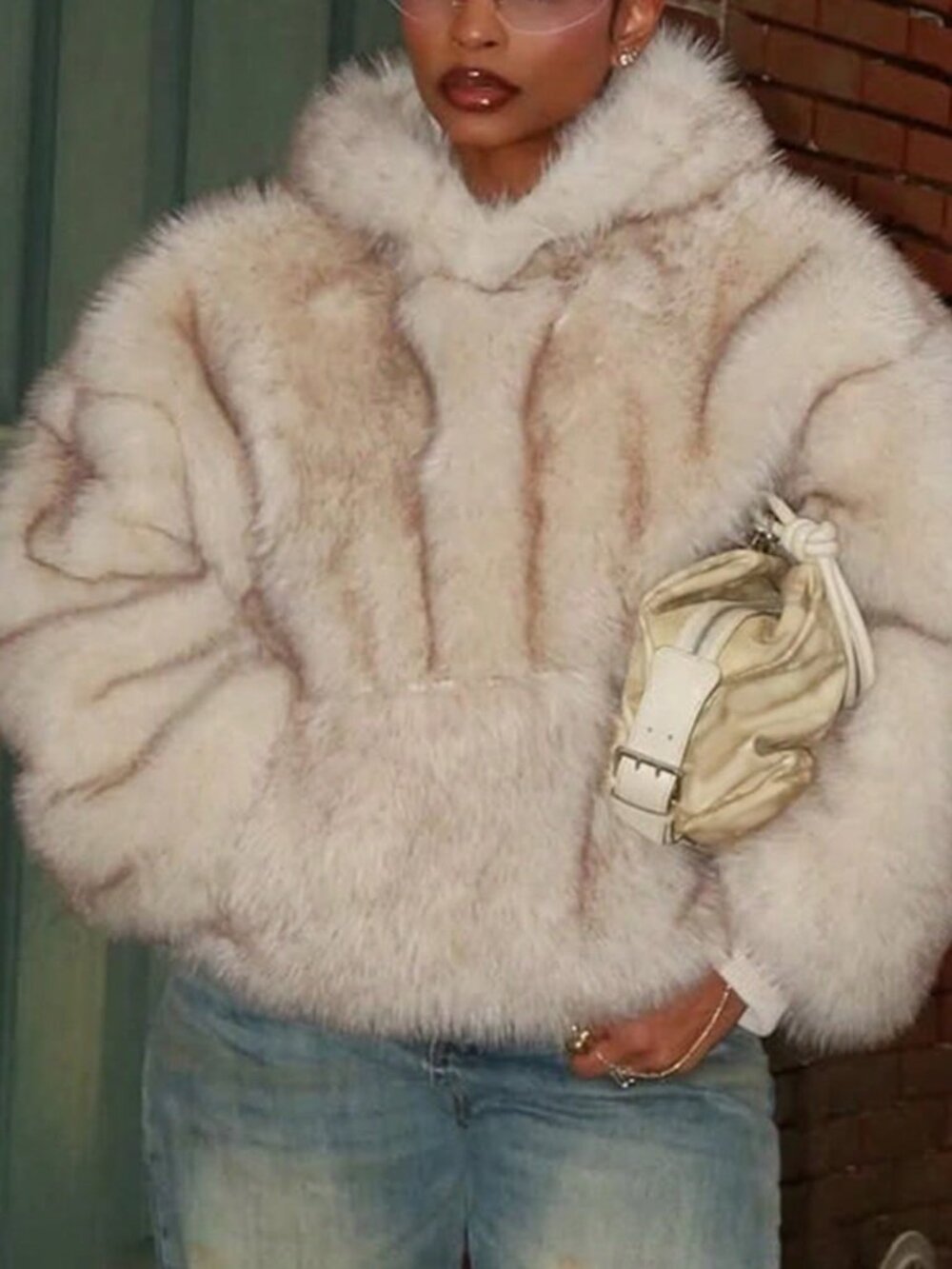 Apricot Preppy Loose Women's Fuzzy Random Print Hooded Winter Jacket